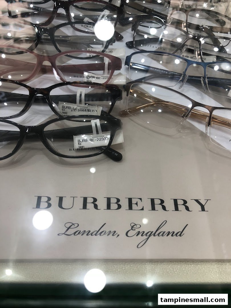 A close-up display of various stylish eyeglasses, including Burberry frames, at Capitol Optical.