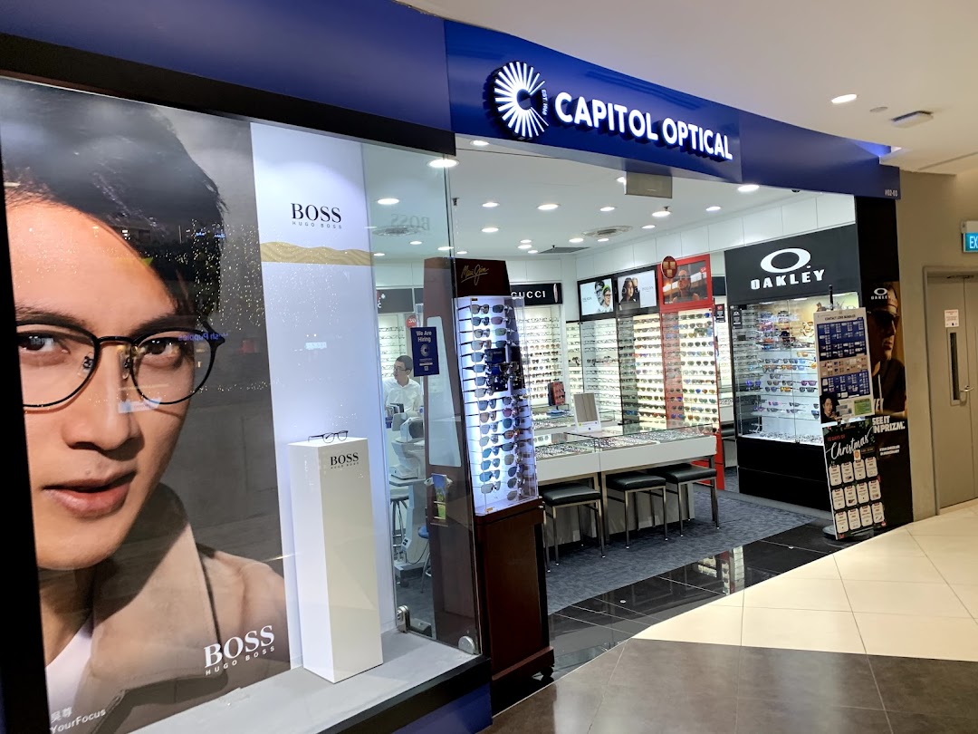 The shop front of Capitol Optical, showcasing a wide range of eyewear and designer brands like Hugo Boss and Oakley.