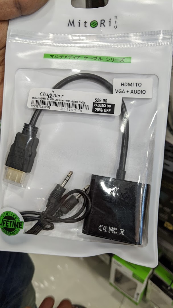 A packaged Mitori HDMI to VGA adapter with audio cable, showing price and discount.