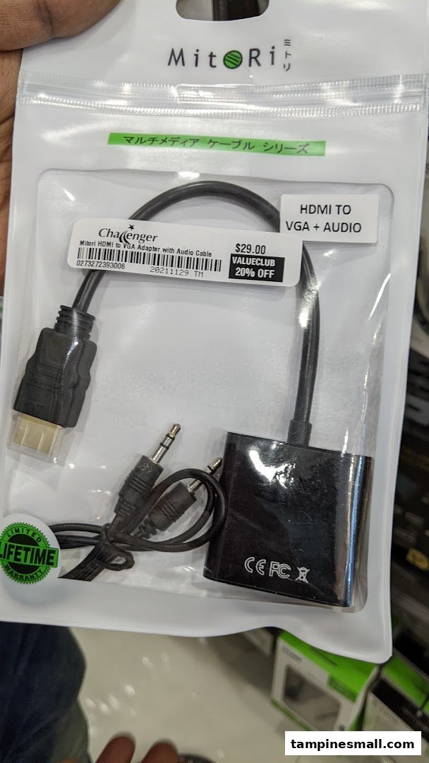 A packaged Mitori HDMI to VGA adapter with audio cable, showing price and discount.