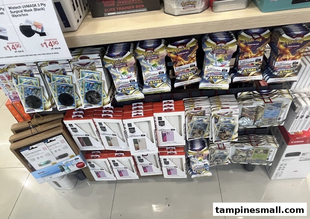 A retail display featuring Pokémon trading cards, phone cases, and surgical masks on shelves.
