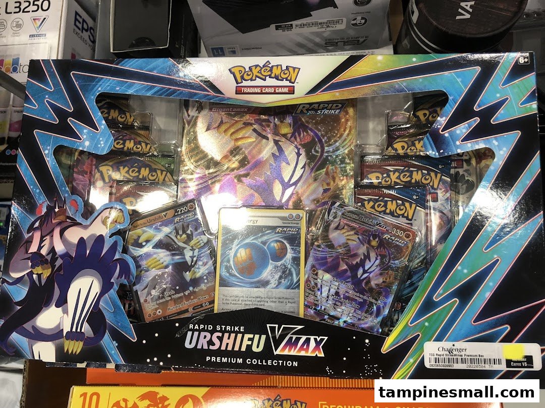 A close-up of a Pokémon Trading Card Game Rapid Strike Urshifu VMAX Premium Collection box set.