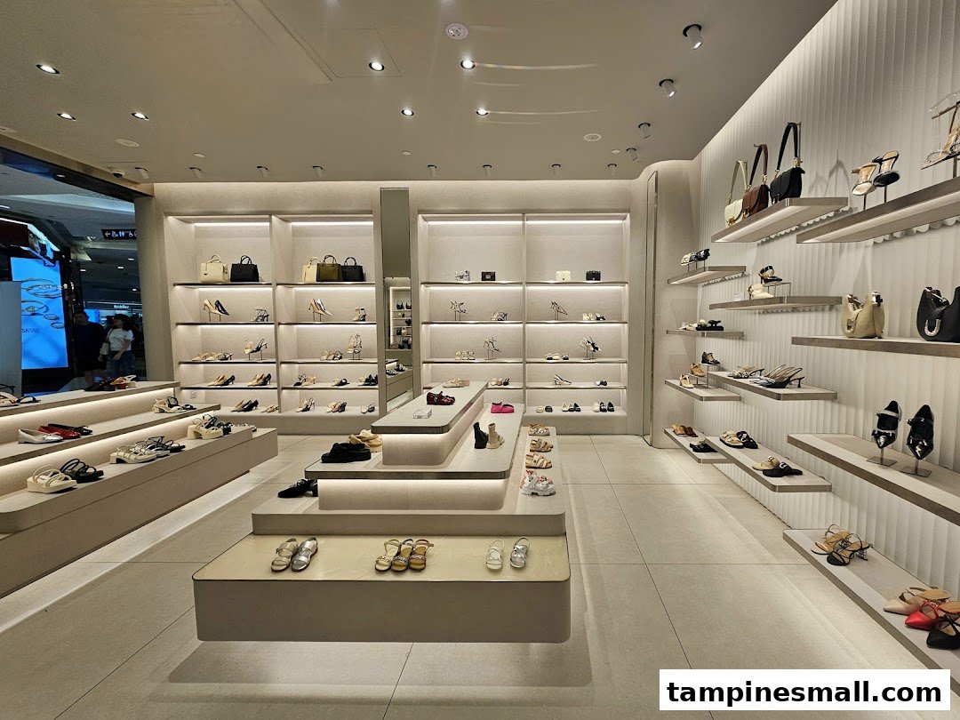 An elegant interior view of CHARLES & KEITH, showcasing a wide array of stylish shoes and handbags on illuminated displays.