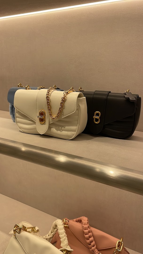 Stylish handbags displayed on shelves inside a CHARLES & KEITH store.