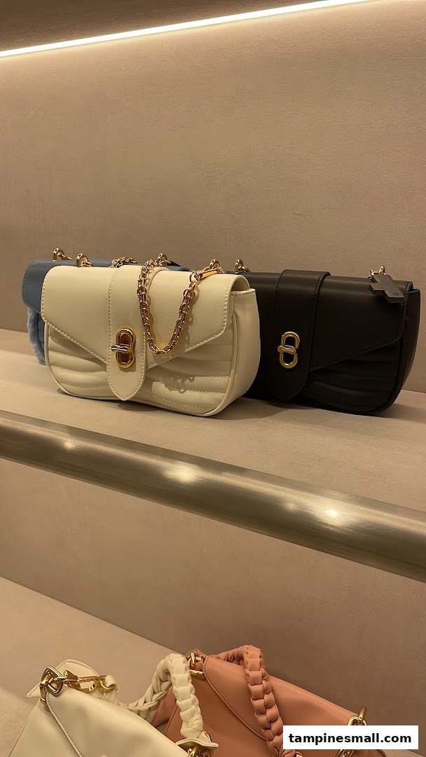 Stylish handbags displayed on shelves inside a CHARLES & KEITH store.