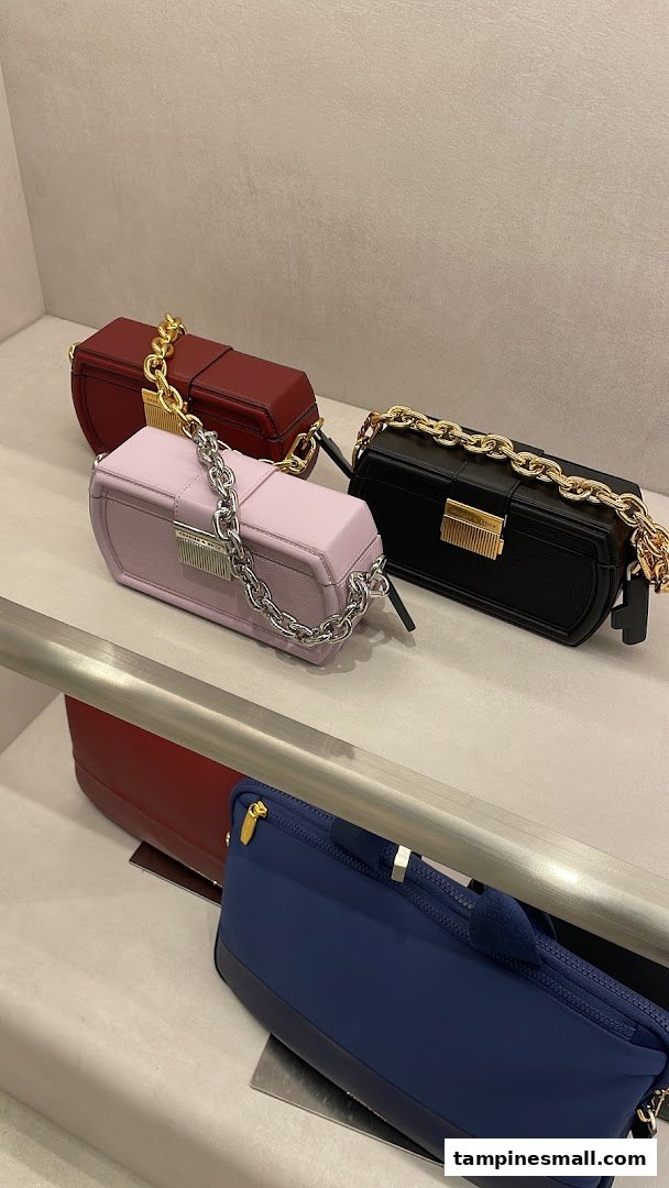 Stylish handbags in various colors displayed on shelves in a CHARLES & KEITH store.