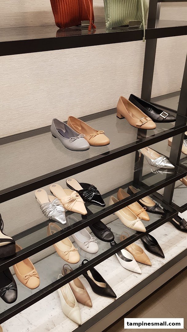 A display of various women's shoes and handbags in neutral tones on shelves.