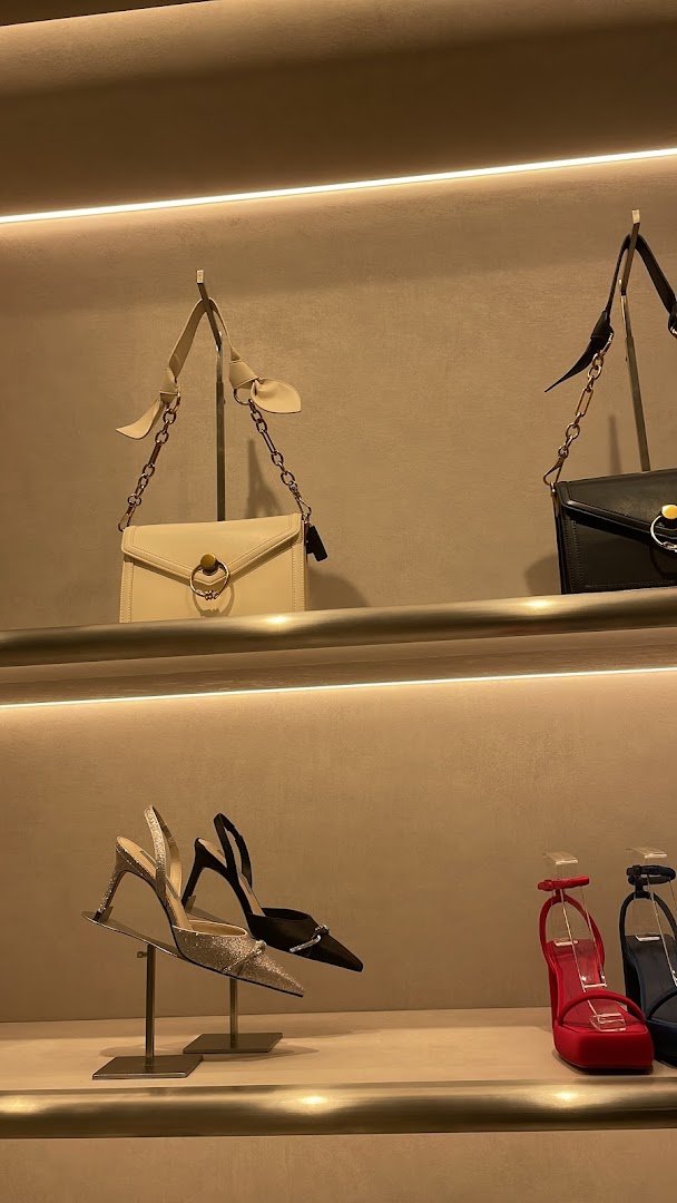 Stylish handbags and shoes displayed on illuminated shelves inside a CHARLES & KEITH store.