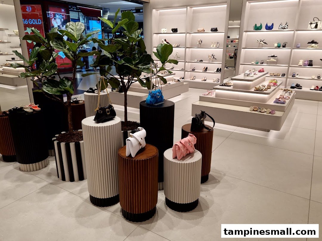 Interior view of CHARLES & KEITH showcasing stylish shoes and handbags on modern displays and wall shelves.