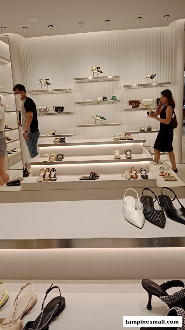 Interior view of CHARLES & KEITH store showcasing shoes and bags on modern displays with customers browsing.