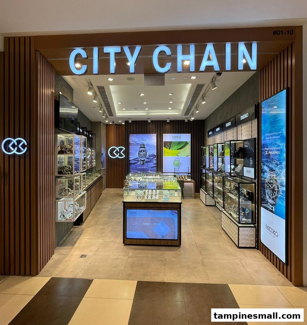 The inviting entrance of City Chain, showcasing a wide array of watches and eyewear in a modern setting.