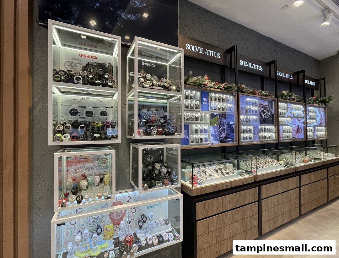 An interior view of City Chain showcasing numerous watches from various brands in illuminated display cases.