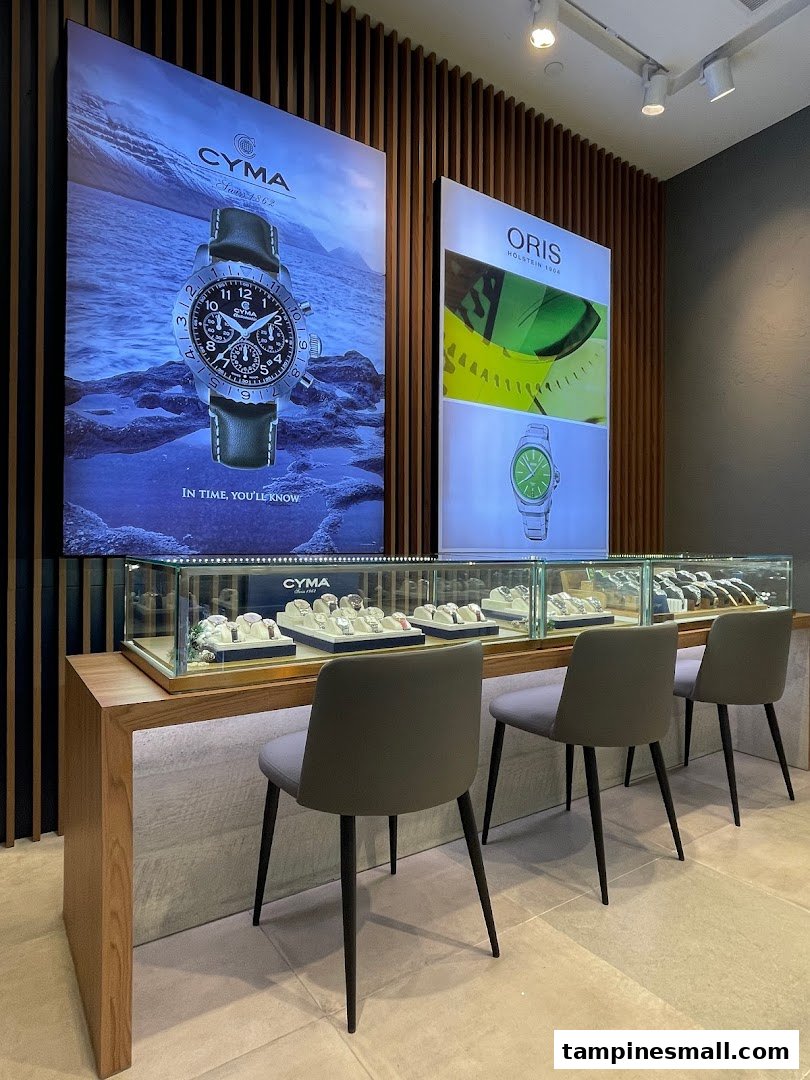 Interior view of City Chain watch shop featuring display cases, luxury watches, and brand posters.