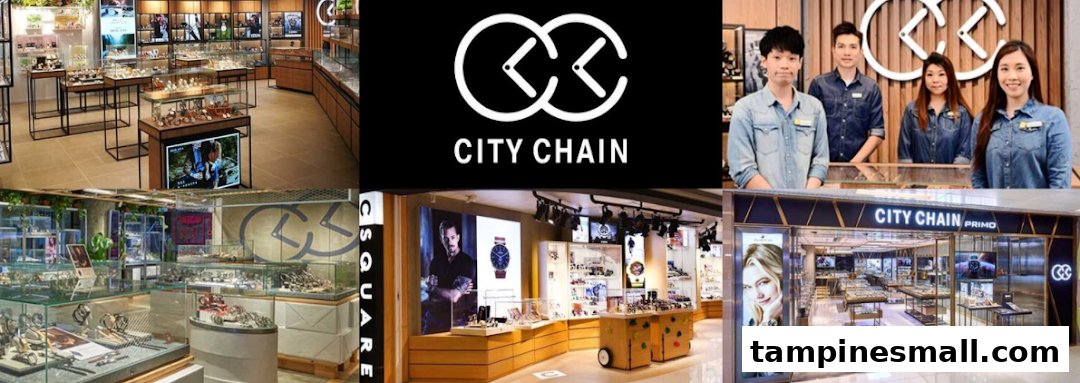 A collage showcasing City Chain's modern watch and jewelry store interior, diverse product displays, and friendly staff.