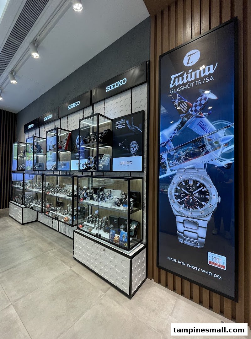 Interior view of City Chain watch shop featuring multiple display cases filled with watches and brand signage.
