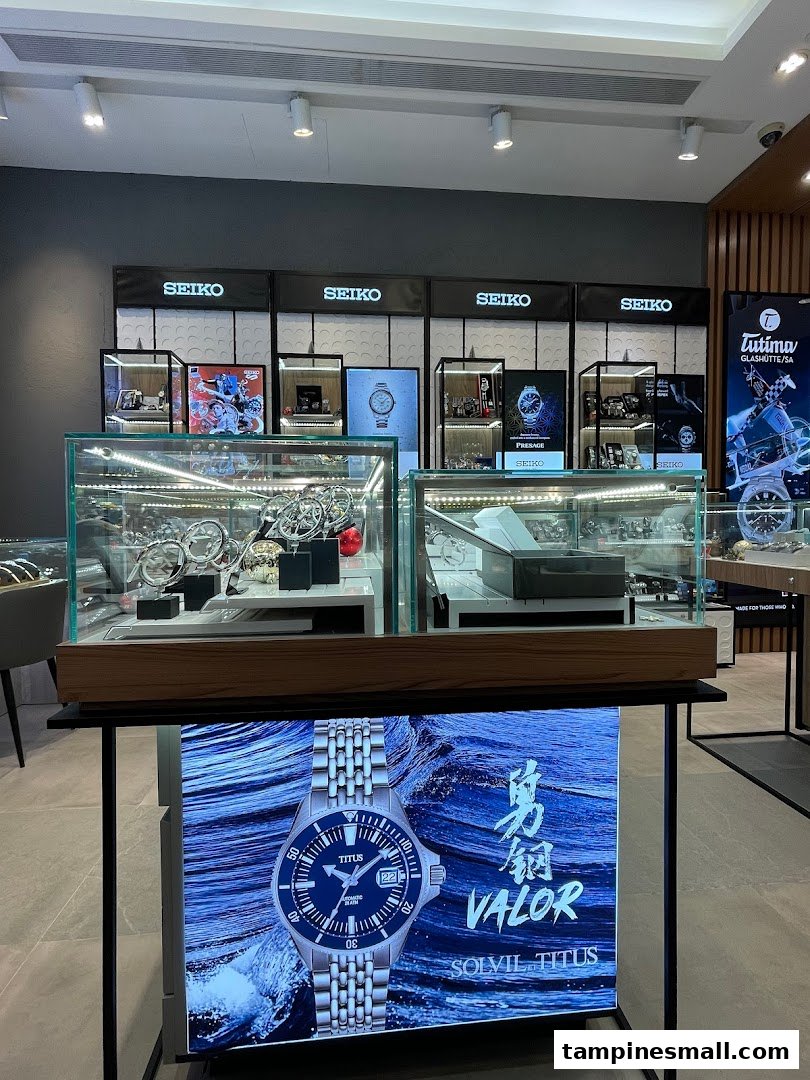 Interior view of City Chain watch store showcasing various timepieces in display cases and brand signage.
