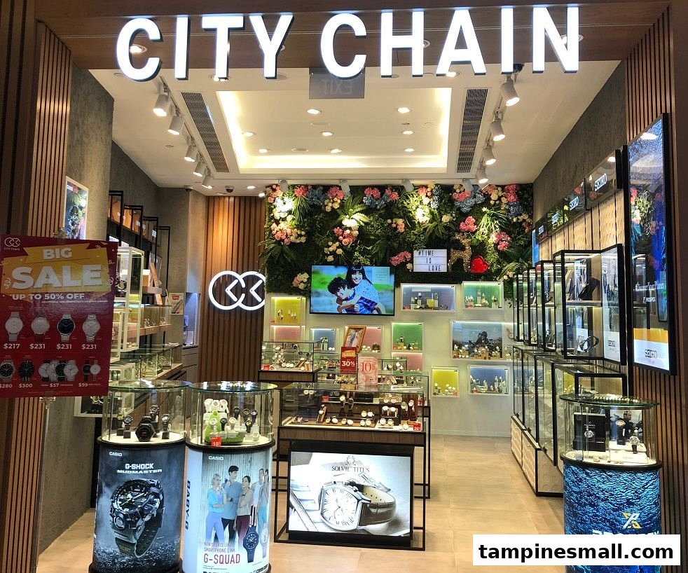The inviting entrance of City Chain, a watch store, showcasing diverse timepieces and a 'Big Sale' promotion.
