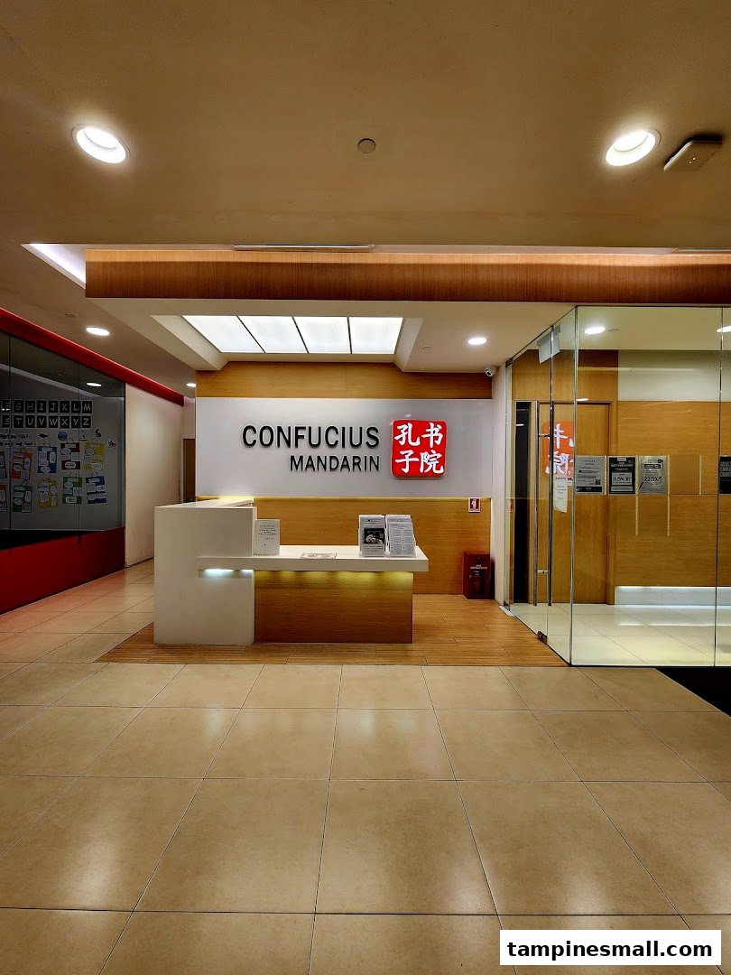 The modern reception area and entrance of Confucius Mandarin, a language learning center.