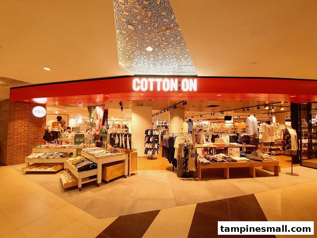 The vibrant Cotton On shopfront at Tampines Mall, showcasing trendy apparel and inviting displays.
