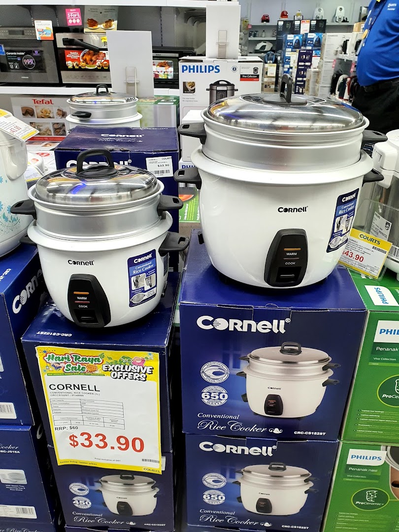 A display of Cornell rice cookers on sale at COURTS, featuring various models and promotional prices.