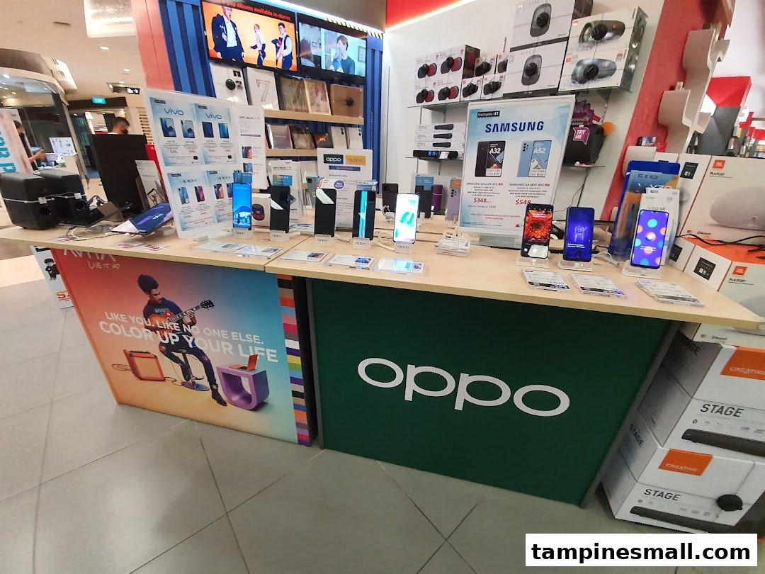 A vibrant display of mobile phones and electronics from brands like Samsung, Vivo, and Oppo at COURTS.