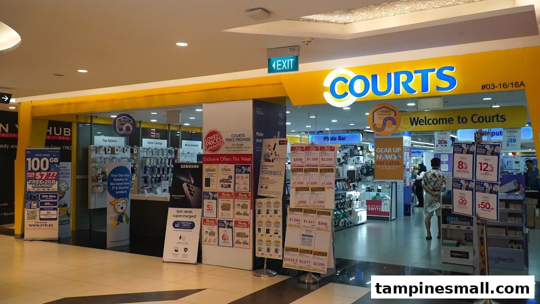 The vibrant yellow and blue storefront of COURTS electronics and home appliance store, featuring promotional displays.