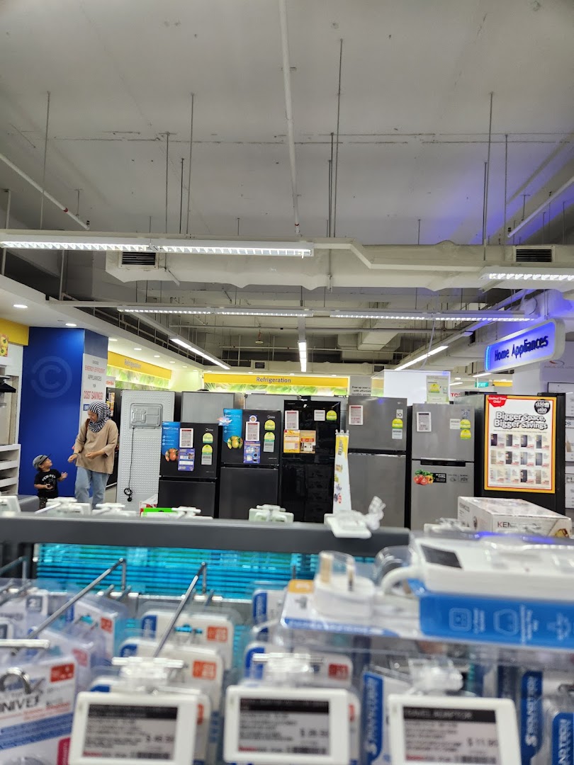 An interior view of COURTS Tampines Mall, showcasing a wide selection of refrigerators and home appliances.