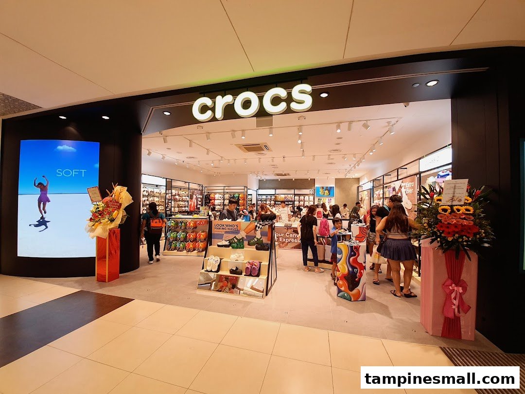 The vibrant entrance of a Crocs store, showcasing its wide range of comfortable footwear and accessories.