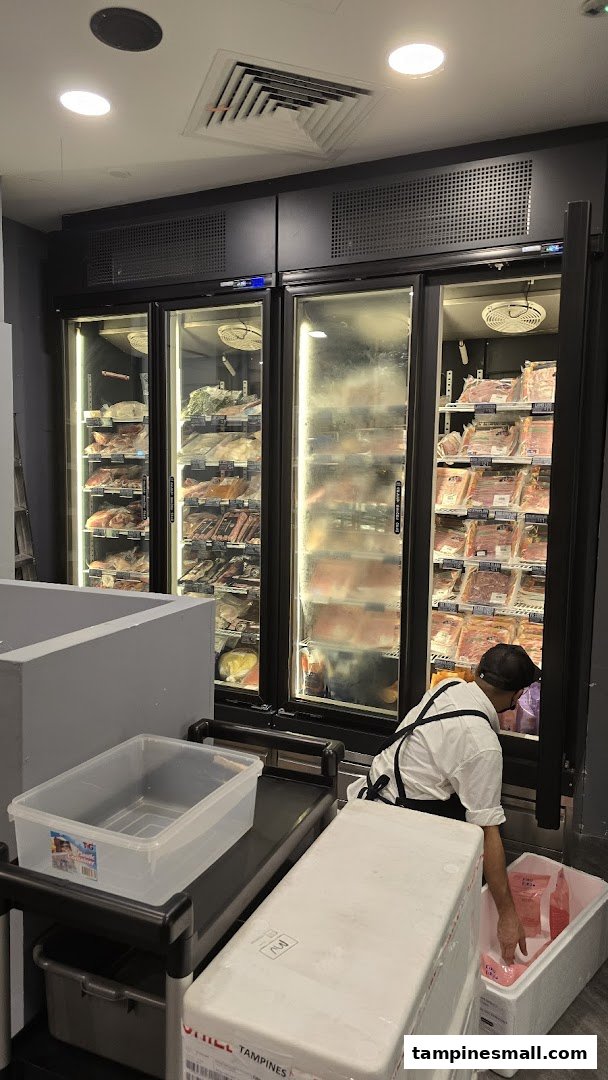 A staff member restocking packaged meat products in large display refrigerators at Cut Butchery.