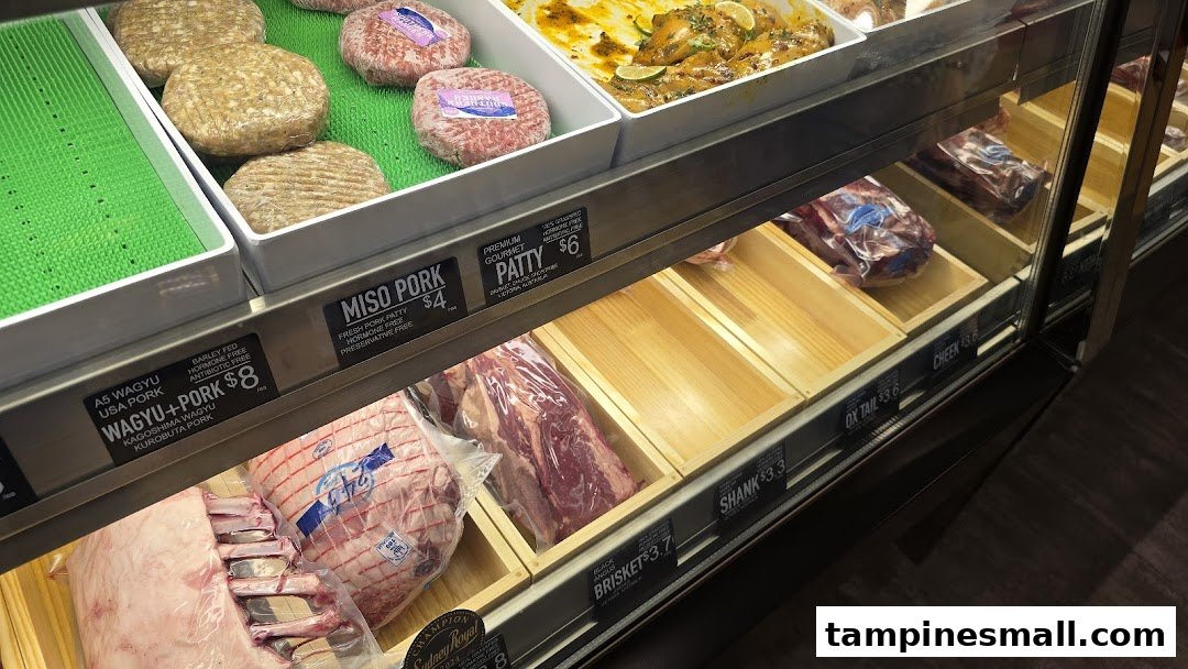 A display case showcasing various fresh meat cuts and gourmet patties with price labels.