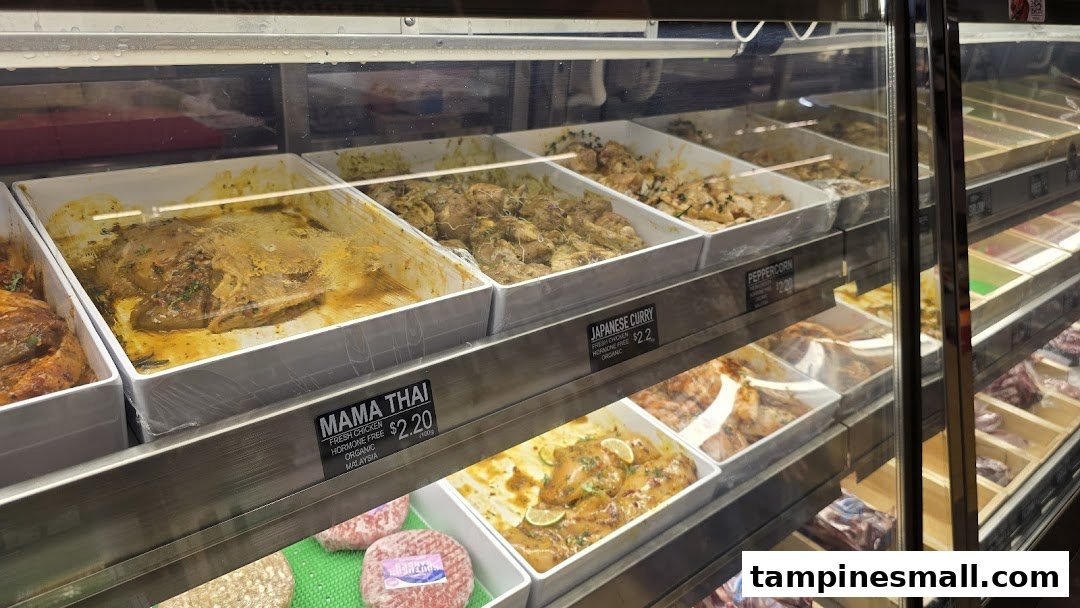 A display case at Cut Butchery showcasing various marinated fresh chicken options like Mama Thai and Japanese Curry.