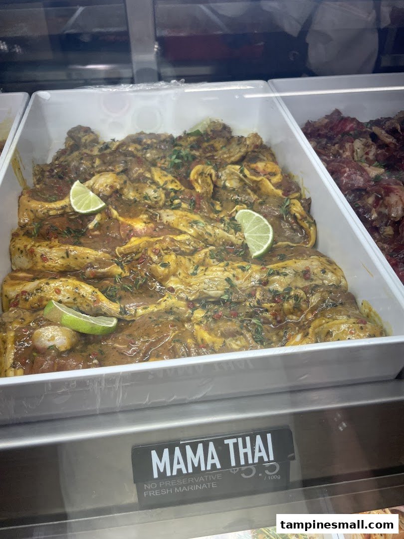 Freshly marinated Mama Thai meat with lime slices displayed in a butchery's chilled case.