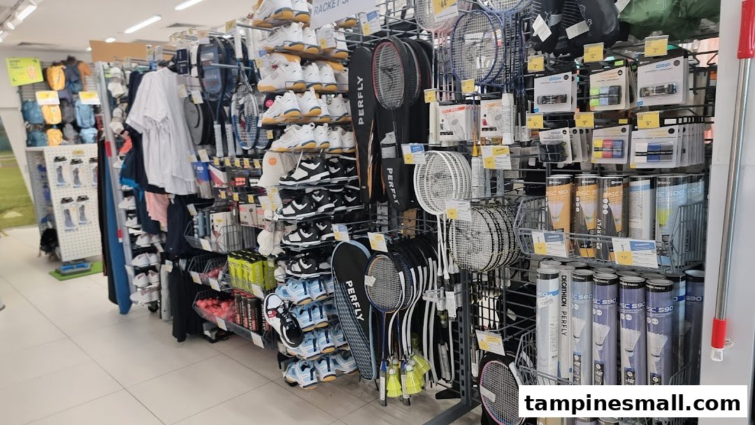 An aisle in Decathlon showcasing sports shoes, badminton rackets, shuttlecocks, and athletic apparel.