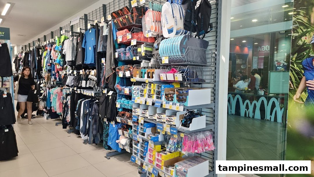 An aisle inside Decathlon showcasing a wide range of sports apparel, swimwear, and accessories.
