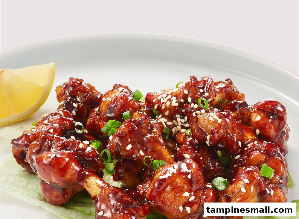 Close-up of glazed chicken pieces garnished with sesame seeds, green onions, and a lemon wedge.