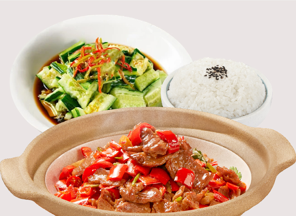 A delicious meal featuring stir-fried meat with bell peppers, white rice, and a cucumber salad.