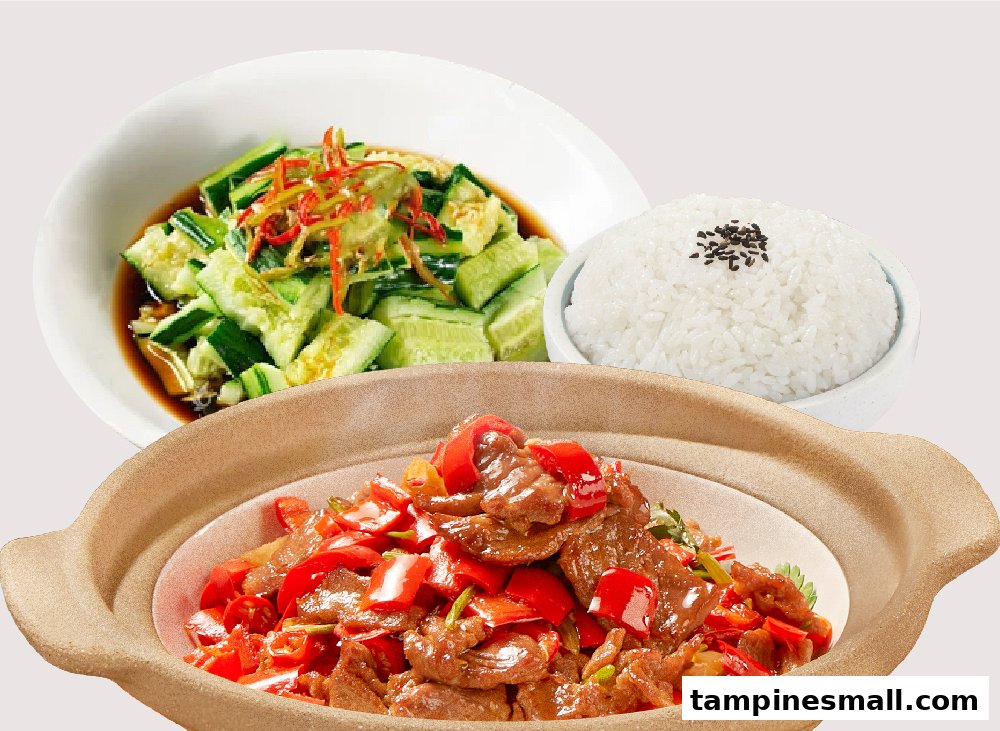 A delicious meal featuring stir-fried meat with bell peppers, white rice, and a cucumber salad.