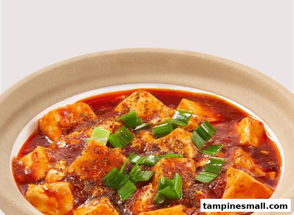 A close-up of a spicy tofu dish with red sauce and green onions in a bowl.