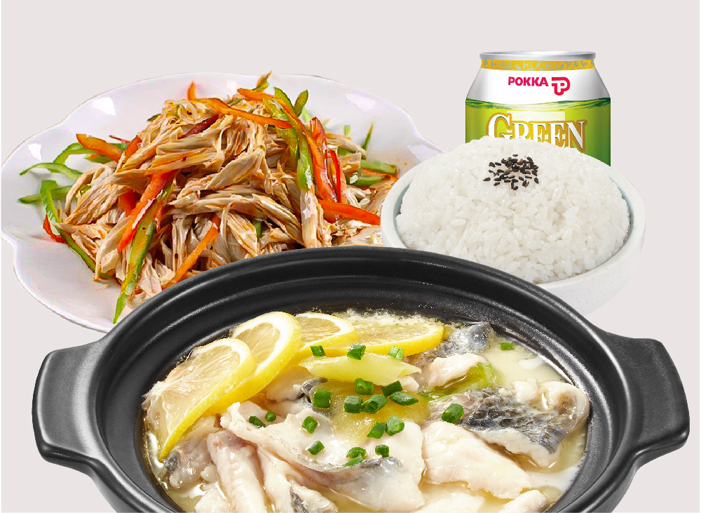 A delicious meal set featuring lemon fish, a vegetable side, rice, and a drink.