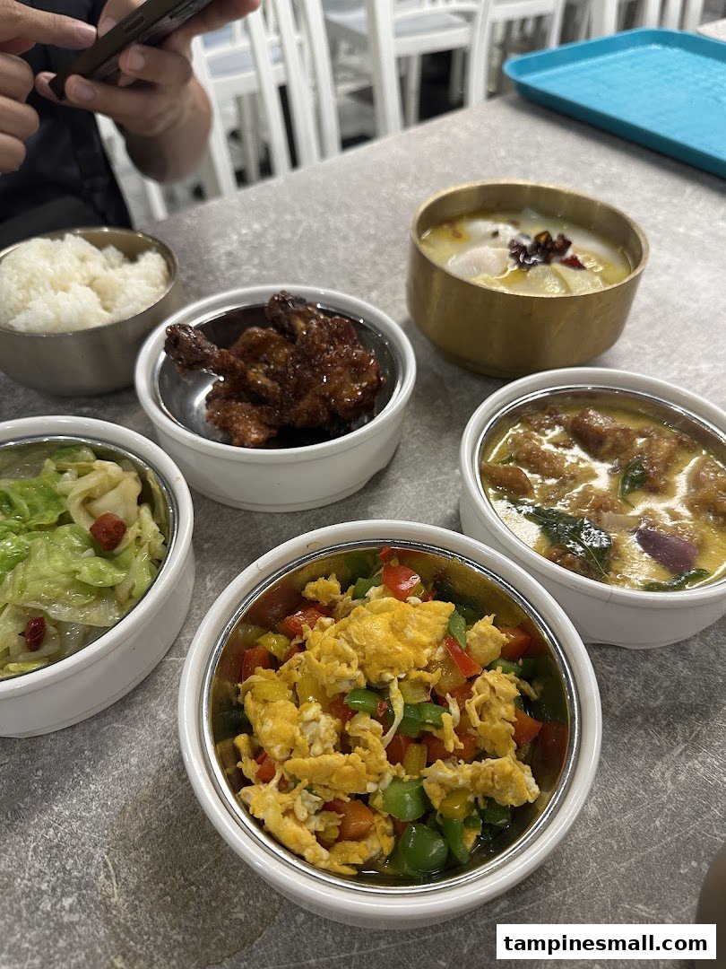 A variety of delicious dishes, including rice, meat, vegetables, and soup, served in small bowls.