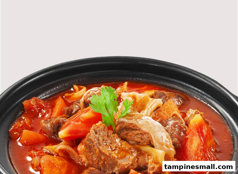 A close-up of a hearty beef stew with tomatoes and other ingredients in a black bowl.