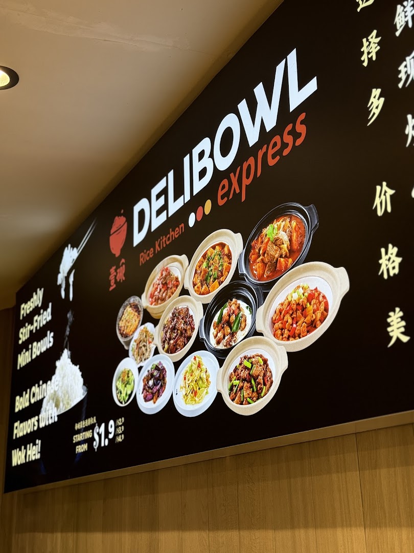 A large display board for Delibowl Rice Kitchen Express showcasing various stir-fried mini bowls.