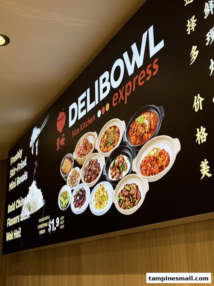 A large display board for Delibowl Rice Kitchen Express showcasing various stir-fried mini bowls.