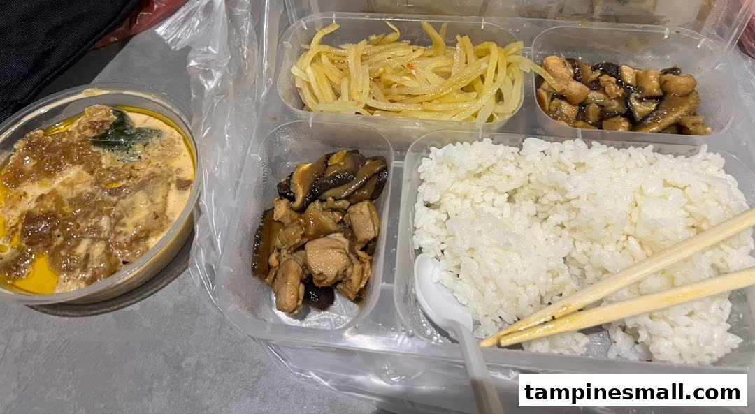 A bento box with rice, various side dishes, and a separate bowl of curry or stew.