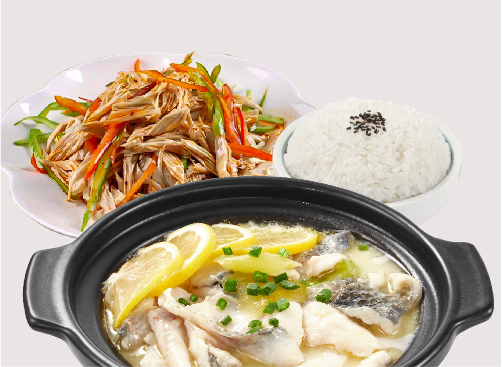 A delicious meal featuring lemon fish hotpot, shredded chicken salad, and a bowl of rice.