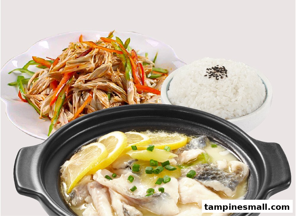 A delicious meal featuring lemon fish hotpot, shredded chicken salad, and a bowl of rice.