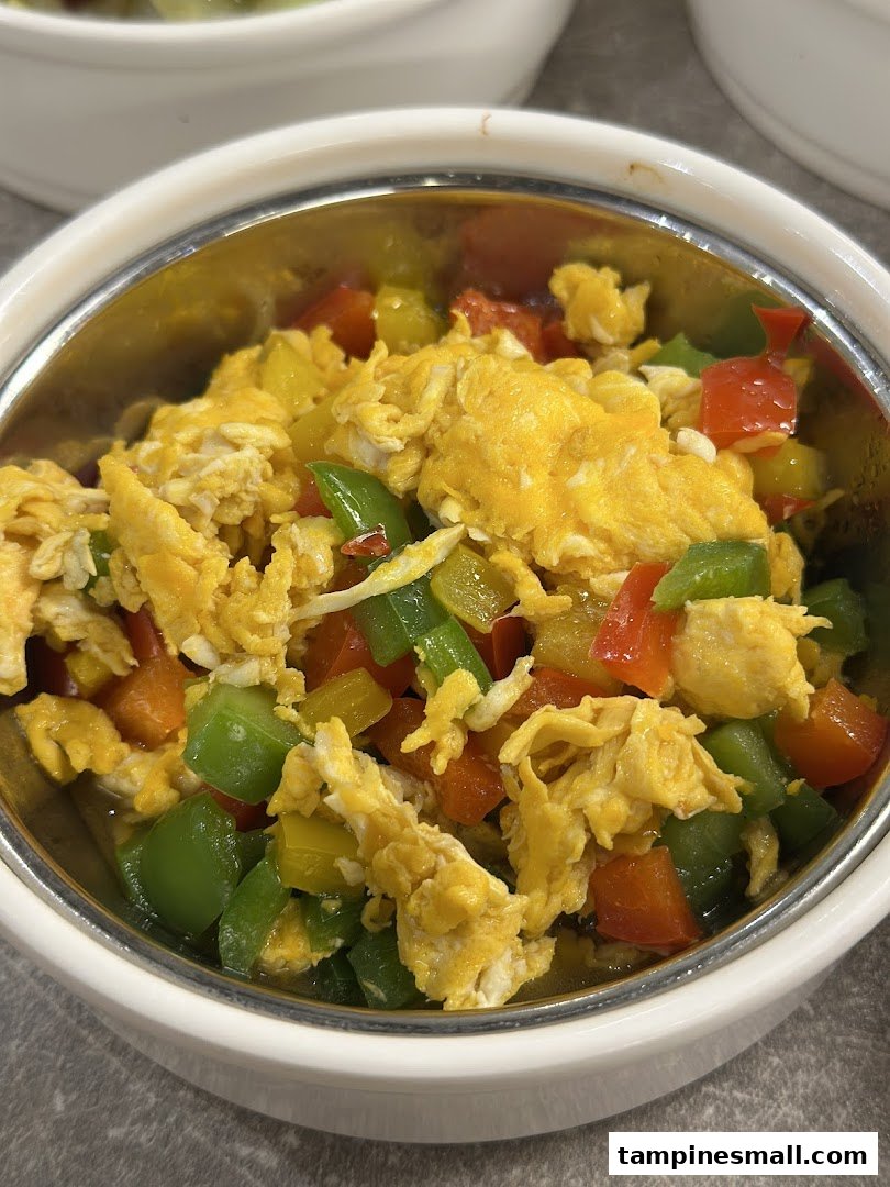 A vibrant bowl of scrambled eggs mixed with diced red, yellow, and green bell peppers.