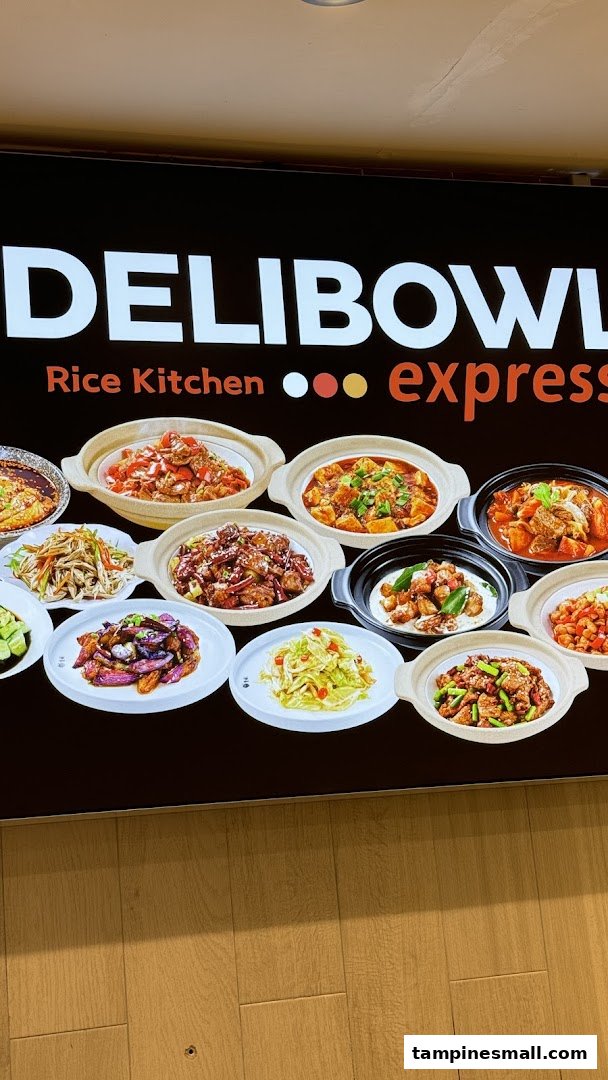 A vibrant display board showcasing various delicious dishes from Delibowl Rice Kitchen.