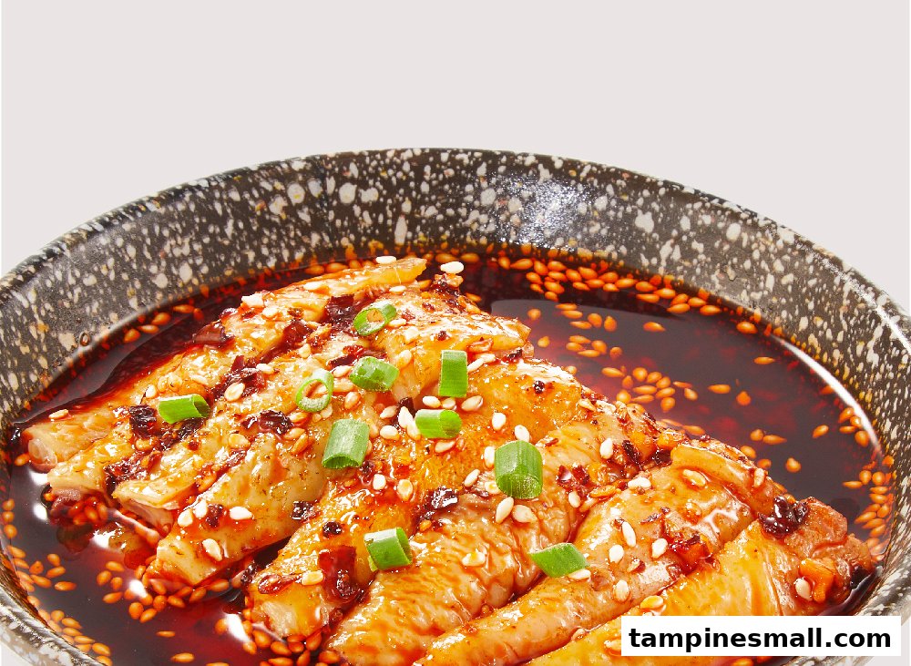 Close-up of spicy chicken in a dark sauce, garnished with sesame seeds and spring onions.
