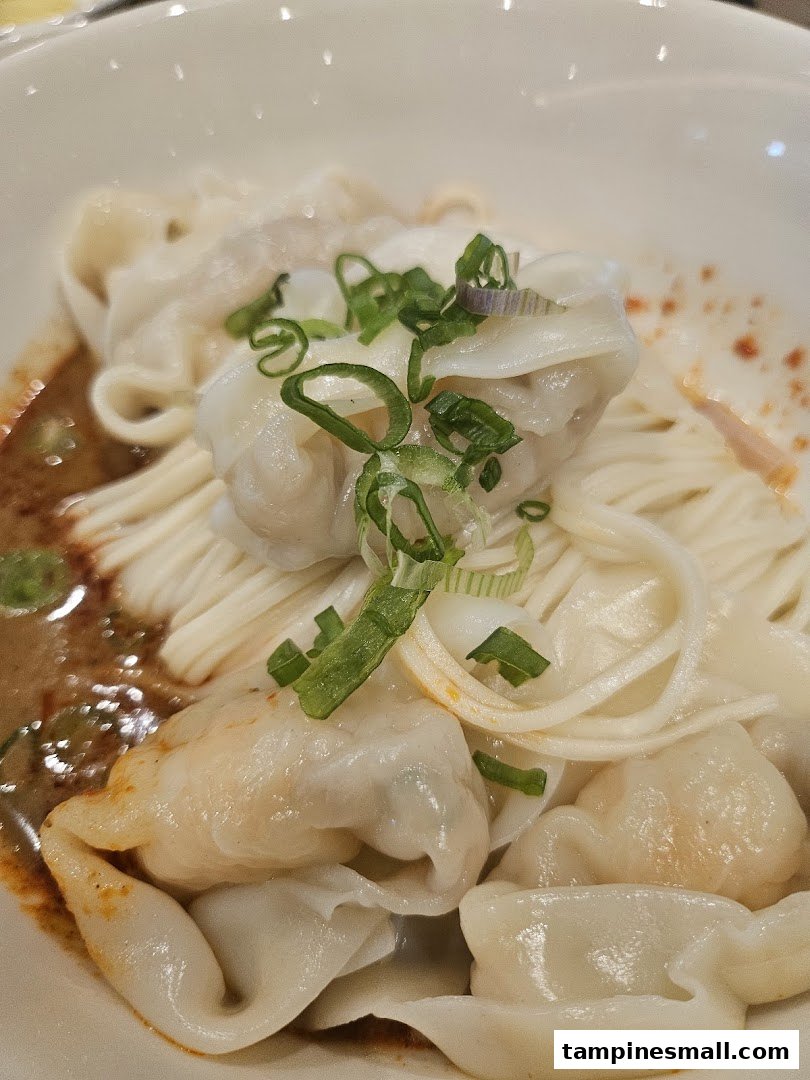 A close-up of a bowl of noodles with dumplings, chili oil, and chopped spring onions.